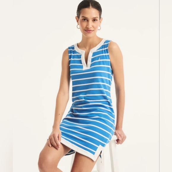 Nautica Women's Breton Stripes Sleeveless V-Neck Stretch Cotton Polo Dress SZ M - Picture 2 of 7
